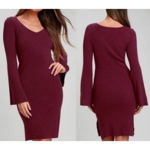 Lulu's Jourdaine Berry Red Rayon Blend Sweater Dress V Neck Bell Sleeves XS